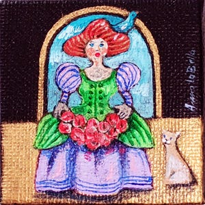 Une petite fille avec un chat, un oiseau et des fleurs - miniature 5 cm x 5 cm