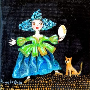 Une petite fille avec un œuf et un chat, miniature 6 cm x 6 cm