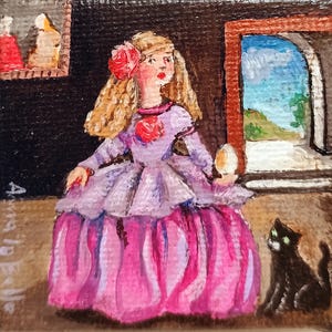 Une petite fille avec un œuf, un chat et des roses - miniature 5 cm x 5 cm