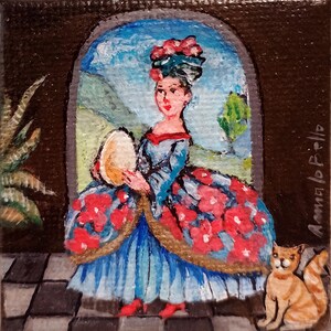 Une petite fille avec un œuf, un chat et des roses - miniature 5 cm x 5 cm