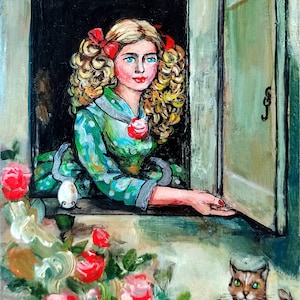Une petite fille à la fenêtre, des roses, un œuf, un chat...