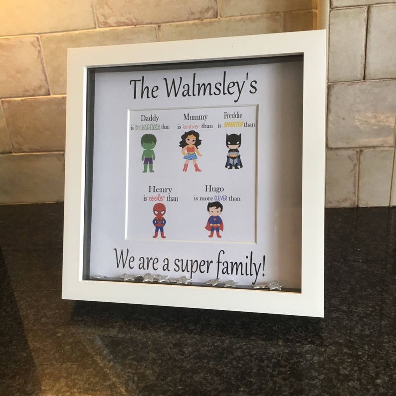 Batman Personalised Superhero Frame Family of 5 Great Keepsake or Christmas Gift Supergirl Spiderman Mom was Wonder Woman Dad as Hulk