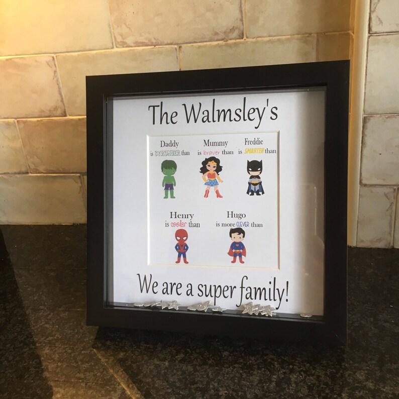 Batman Personalised Superhero Frame Family of 5 Great Keepsake or Christmas Gift Supergirl Spiderman Mom was Wonder Woman Dad as Hulk