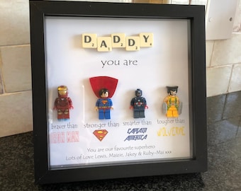 Daddy Superhero Frame, Personalised, Made to Order, Including Mini Figures. Great gift for Birthday, Fathers Day, Christmas...Iron Man Super