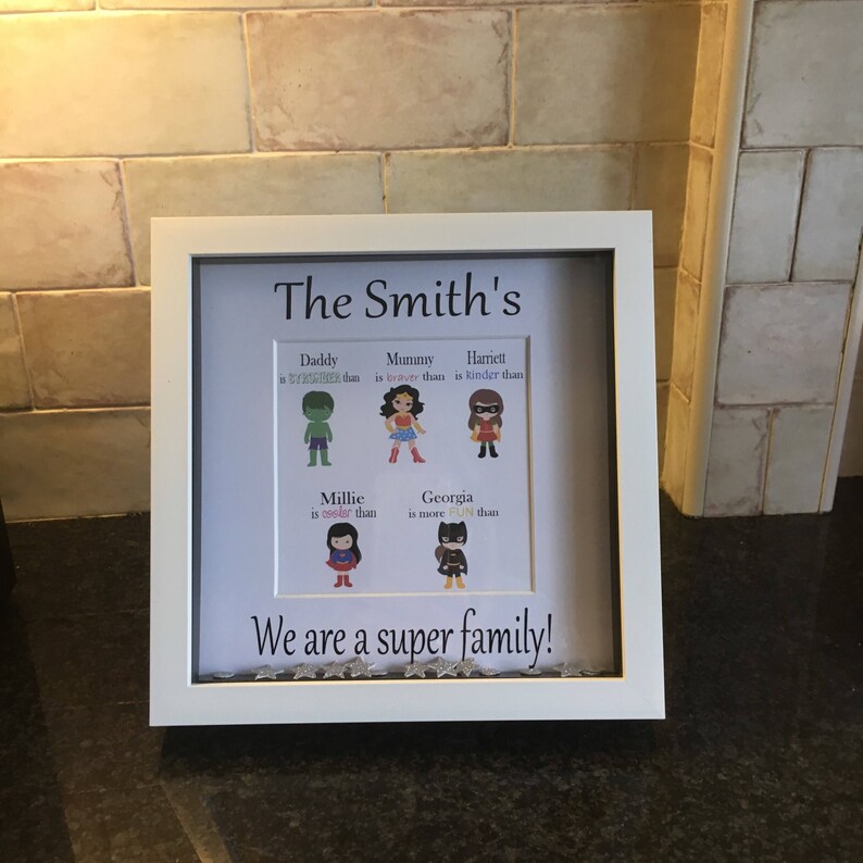 Batman Personalised Superhero Frame Family of 5 Great Keepsake or Christmas Gift Supergirl Spiderman Mom was Wonder Woman Dad as Hulk