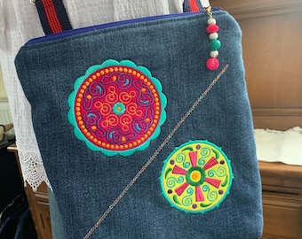 Upcycled denim bag with appliqué