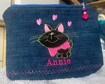Personalised upcycled cosmetic bag with cat
