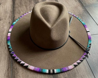 Beige fedora hat|cowboy hat|brim hat|summer hats|beaded hats with purple beads with free shipping world wide