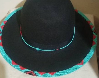 Black fedora hat|cowboy hat|summer hats|beaded hats|brim hat|casual hat with green and brown bead work with free shipping world wide