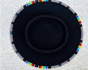 Black fedora hat|cowboy hat|brim hat|summer hats|beaded hats with silver and rainbow beads with free shipping world wide