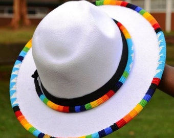 White fedora hat|cowboy hat|summer hats|brim hat in rainbow beaded colors masaai maasai Masai with free shipping world wide