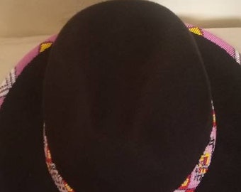 Black fedora hat with purple/fuchsia bead work with free shipping world wide