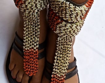 Brown and Gold beaded handmade leather gladiator sandals with free shipping from kenya