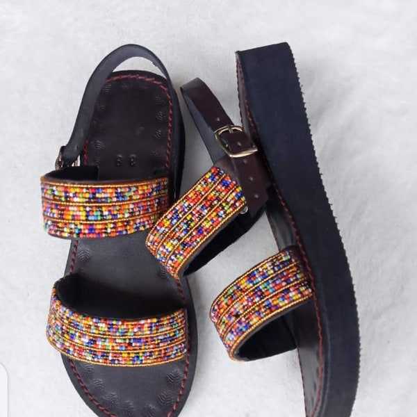 Brown leather handmade rainbow beaded wedge back slip on masai sandals with free shipping