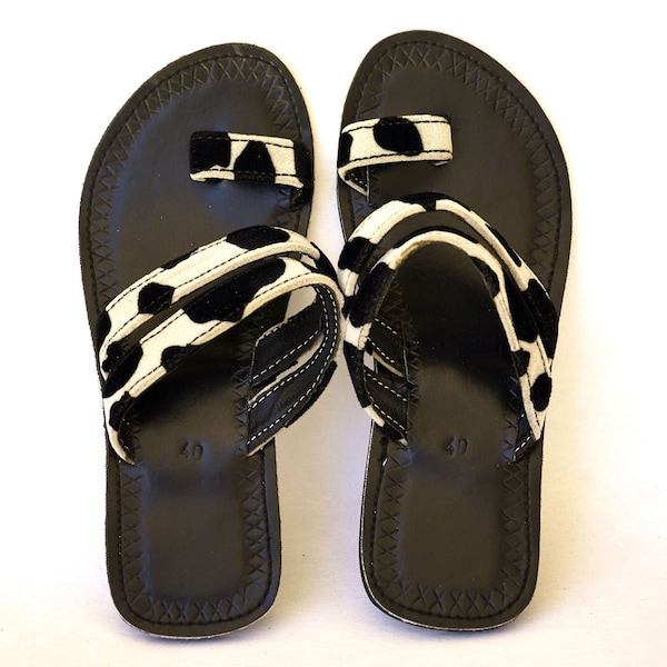 Leather men flipflops with white and black deco with free shipping