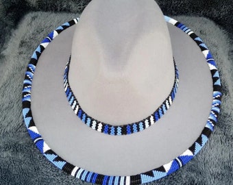 Light Grey handmade beaded fedora hats /cowboy hats|summer hats|brim hat with blue and black beads and free shipping world wide