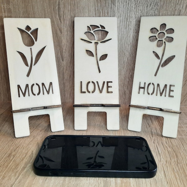 Mobile phone stand digital laser cut files, SVG/DXF/PDF files, with 6 different creative flowers