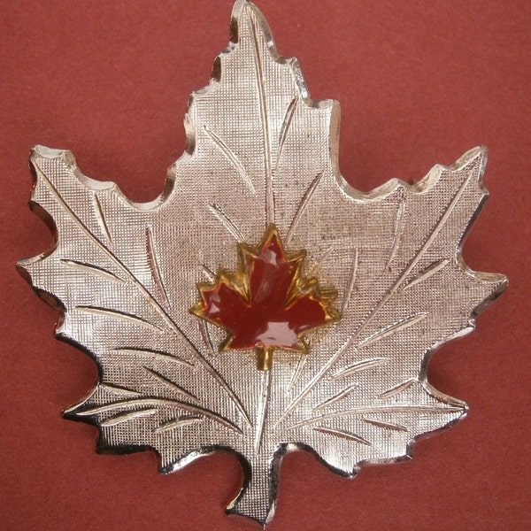 A546) A Lovely vintage, getextureerde zilveren Toon metalen Canada maple leaf badge broche