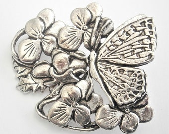 L745) Une belle cuvée signée MASJ Pewter Silver tone Butterfly pansy fleurs broche