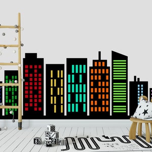 Naklejka ścienna z panoramą miasta Pokój zabaw dla dzieci, Dekoracja ścienna z budynkami Pokój dla małych chłopców, Duża naklejka winylowa z motywem miejskim Odklej i przyklej do sypialni chłopca