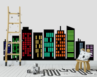City Skyline Wall Art Decal Kids Playroom, Buildings Wall Decor Toddler Boys Room, Large Cityscape Vinyl Sticker Peel and Stick Boy Bedroom