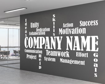 Calcomanía de pared con nombre comercial personalizada grande, decoración de arte de pared de oficina, pegatina de vinilo motivacional, letrero de letra personalizado para el lugar de trabajo, nombre de la empresa