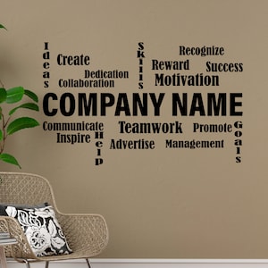 Calcomanía de pared grande con nombre comercial personalizado, vinilo motivacional para oficina, letrero con letras personalizado para el lugar de trabajo, pegatina con nombre de empresa