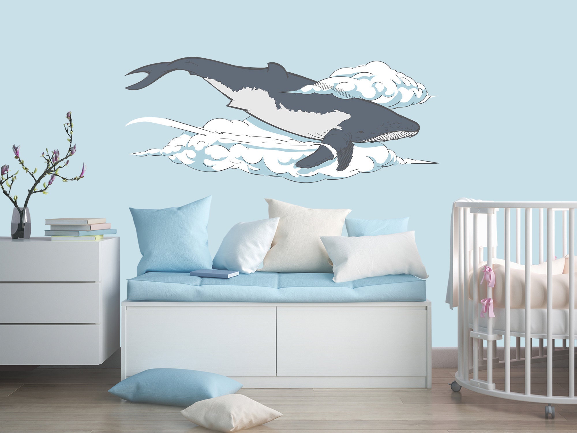 The Whale Wall Decal Nursery Whales in Sky Kids Room Decor Etsy