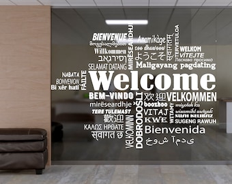 Multilingual Welcome Wall Sticker, Welcome in Different Languages Decal, Modern Home Decor, Office Wall Art, World Languages Sticker