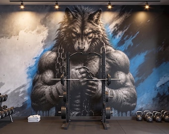 Gym Wall Mural Muscle Wolf Wallpaper, Fitness Studio Décor, Angry Werewolf Wallpaper, Large Accent Wall Mural, Man Cave Wall Peel and Stick