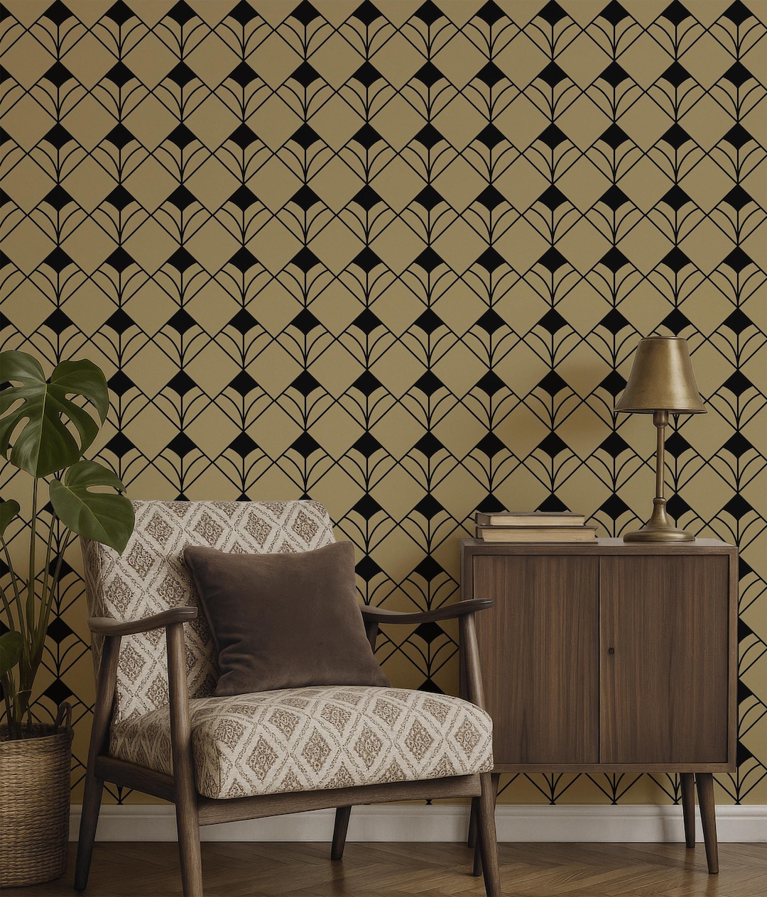 Art Deco Geometric Wallpaper - Gold and Black Peel and Stick Wall Mural ...