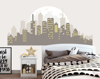 City Skyline Nursery Wall Decal, Buildings Wall Décor Toddler Boys Room, Large Superhero Cityscape Vinyl Sticker Peel and Stick Boy Bedroom