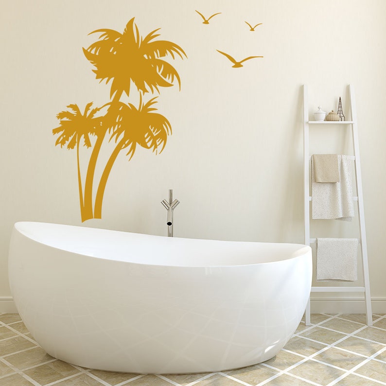 Palm Tree Wall Decals Sea Gulls Bath Palms Vinyl Sticker Bathroom Decor Home Art Spa Nursery Room Kg226