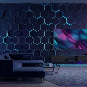 3D Hexagon Wall Mural, Futuristic Cyberpunk Wallpaper, Neon Blue Purple Gamer Room Décor, Modern Geometric Wall, Large Scale Peel and Stick