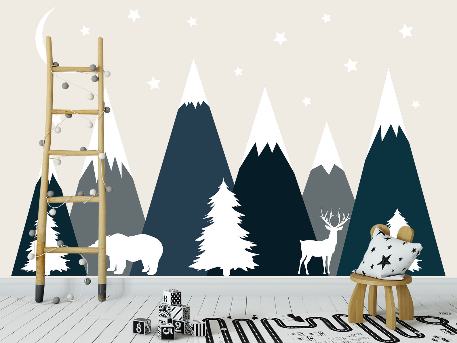 Wild Animals Mountains Wall Decal Baby Boy Room Mountain Wall Etsy