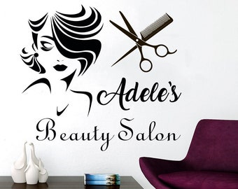 Hair Salon Décor - Custom Name Wall Decal Beauty Salon - Sticker Logo Lettering - Scissors Art Fashion Girl Woman Vinyl Decals
