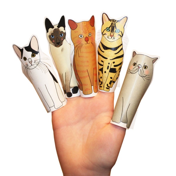 Printable Cat Finger Puppets - Coloring Cat Finger Puppets - Birthday Party Favor - Five Cats - Instant Download