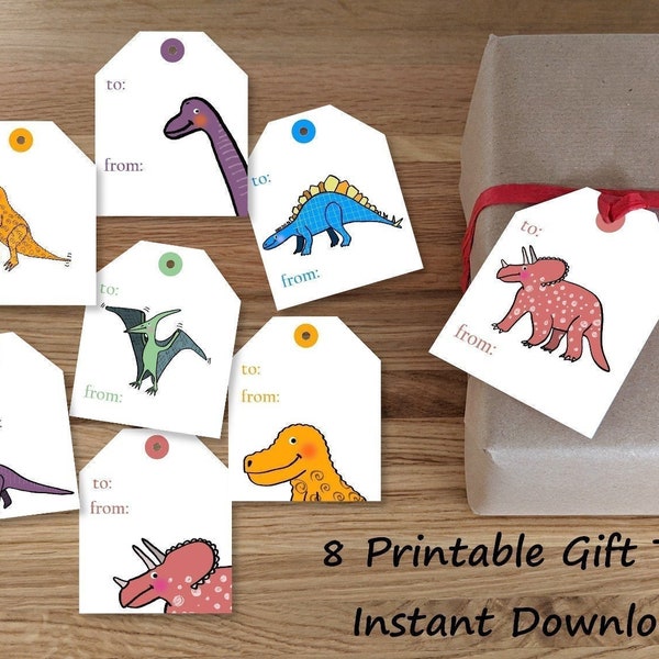 Printable Dinosaur Gift Tags - PDF Digital Download - DIY Instant Download Gift Tags - To From Gift Tags Birthday Presents - Print at home