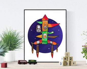 Cat Rocket Nursery Art Print: Space Illustration (JPEG Download)