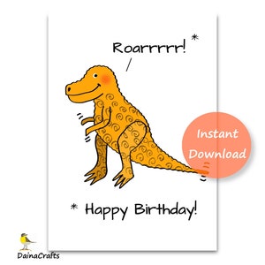 T-Rex Dinosaur Happy Birthday Greeting Card - Cute Dino Illustration - Instant Digital Download - Printable Card Template - PDF JPEG
