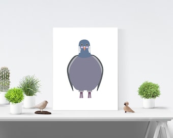 May include: A simple illustration of a grey pigeon with a pink beak and white markings on its head. The pigeon is standing on a white background.