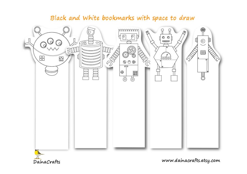 Printable Coloring Robot Bookmarks - Paper Robot Bookmark - Instant ...