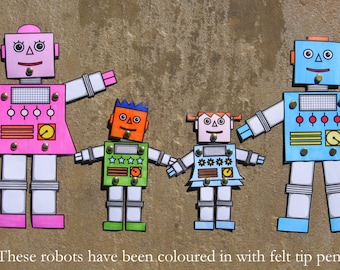 Printable Coloring Robot Family - Split Pin Paper Robots - Robot Coloring - Jointed Paper Robots - Instant Download - Birthday Party Favor