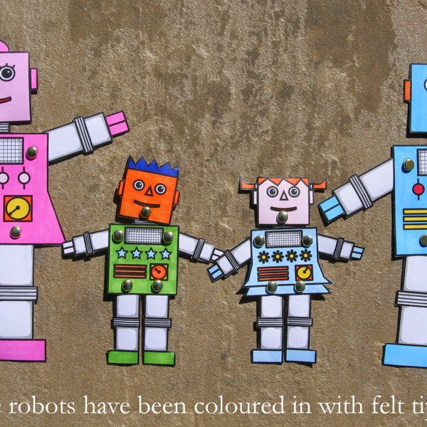 Afdrukbare kleurrobotfamilie - Split Pin Paper Robots - Robotkleuring - Jointed Paper Robots - Instant Download - Verjaardagspartijgunst