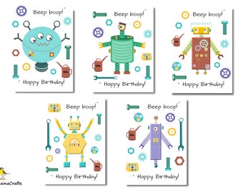 Printable Robot Birthday Cards - Kids Birthday Cards - Instant Download - Make your own cards - DIY Cards - Robots Design - Illustration