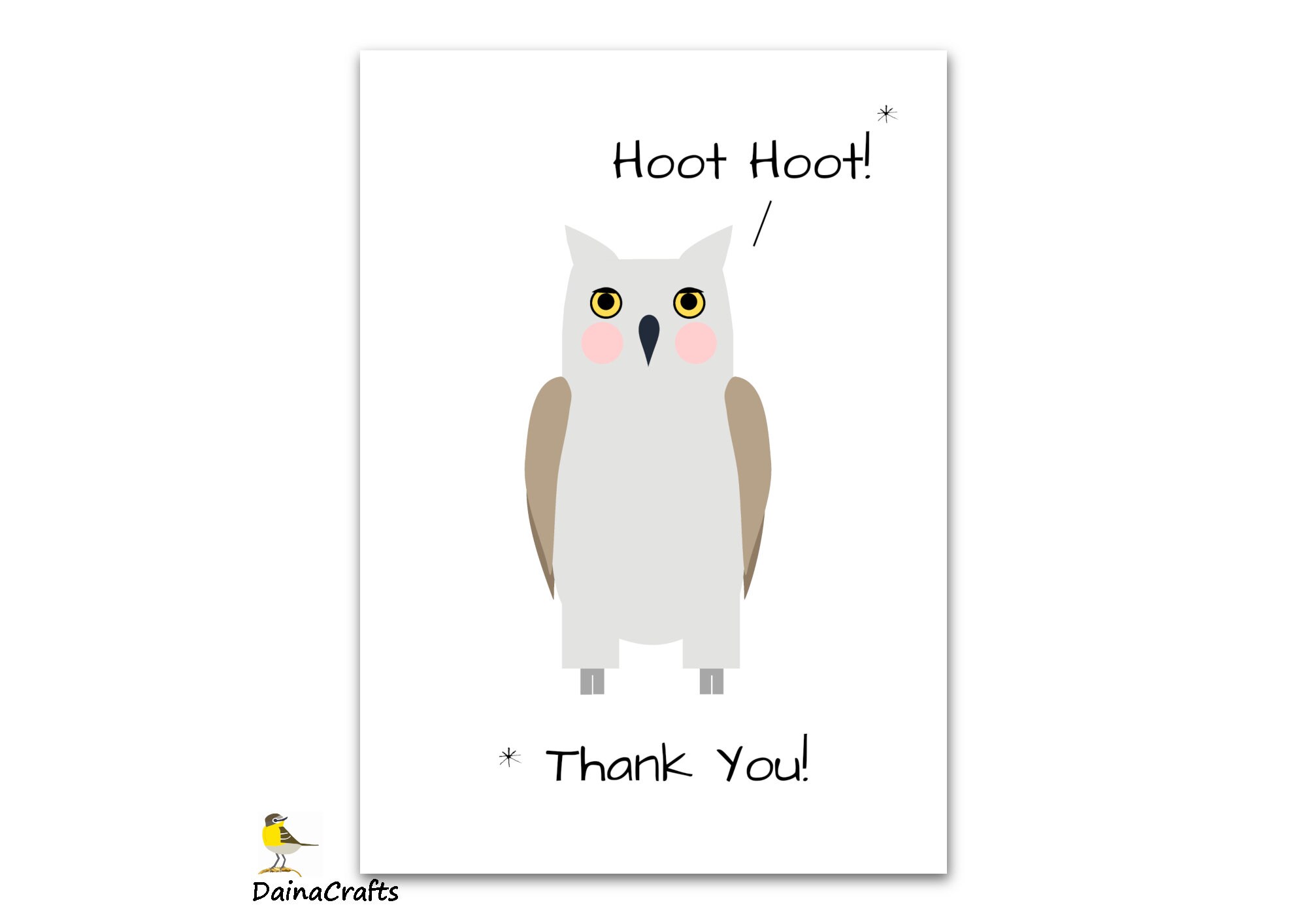 Owl Printable Card - Owl Thank You Card - Owl Illustration - Cute Owl Card - Digital Bird Card ...