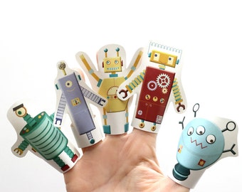 Robots - Marionetas de Dedo - Descarga PDF - Marionetas Imprimibles - Marionetas para niños - Para Fiesta de cumpleaños de Robots - Colorear