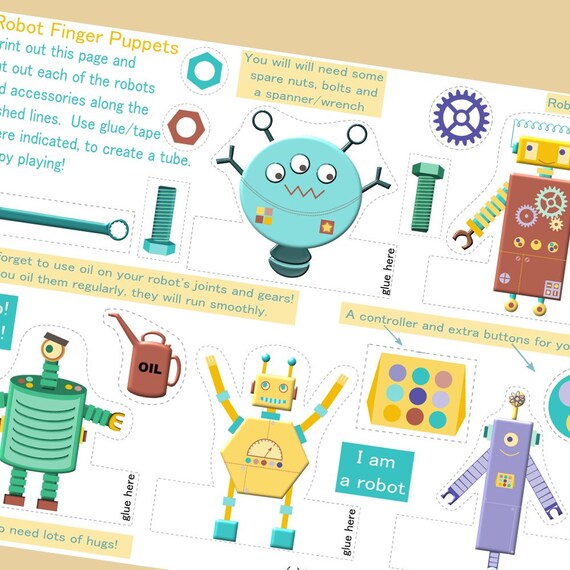 printable coloring robot finger puppets instant download etsy