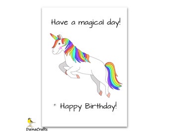 Printable Jumping Unicorn Birthday Greeting Card - Cute Unicorn Illustration - Instant Digital Download - Printable Card Template - PDF JPEG