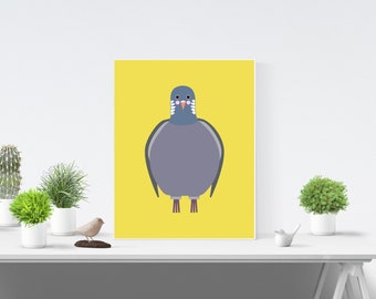 May include: A yellow poster featuring a cartoon illustration of a grey pigeon with pink cheeks and white feathers around its eyes. The pigeon is standing on a yellow background.